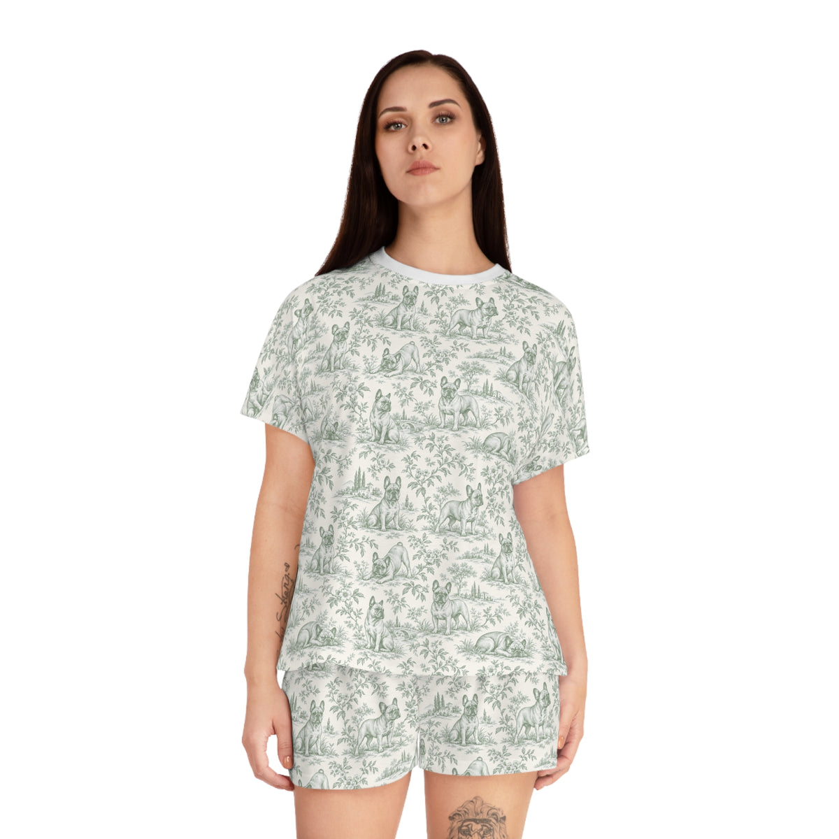 Sage Green Toile Frenchie Short Pajama Set — Cute All-Over Frenchie Print Lounge Set