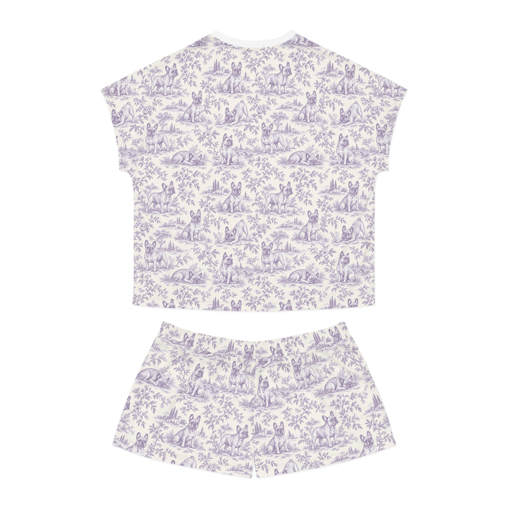 Purple Toile Frenchie Short Pajama Set — Cute All-Over Frenchie Print Lounge Set