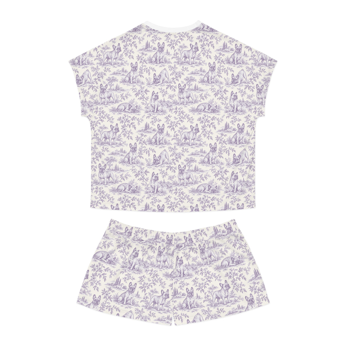 Purple Toile Frenchie Short Pajama Set — Cute All-Over Frenchie Print Lounge Set