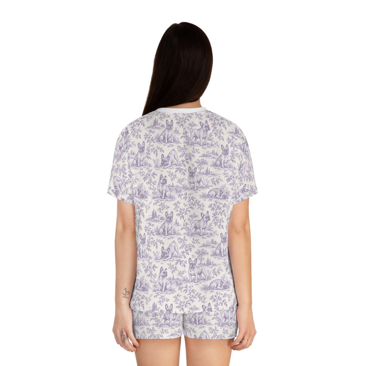Purple Toile Frenchie Short Pajama Set — Cute All-Over Frenchie Print Lounge Set