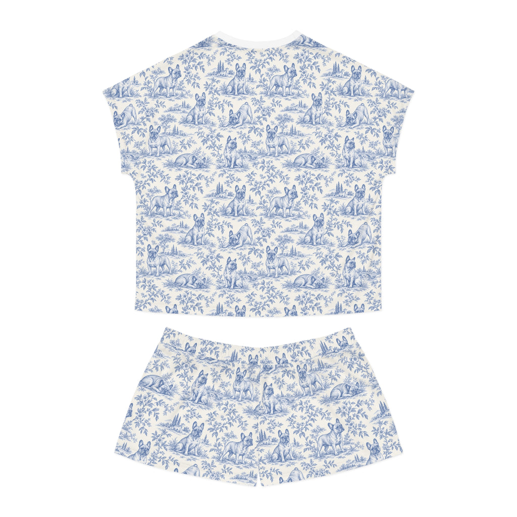 Blue Toile Frenchie Short Pajama Set — Cute All-Over Frenchie Print Lounge Set