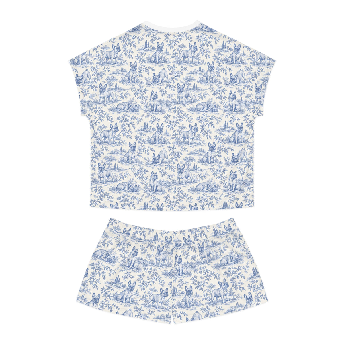 Blue Toile Frenchie Short Pajama Set — Cute All-Over Frenchie Print Lounge Set