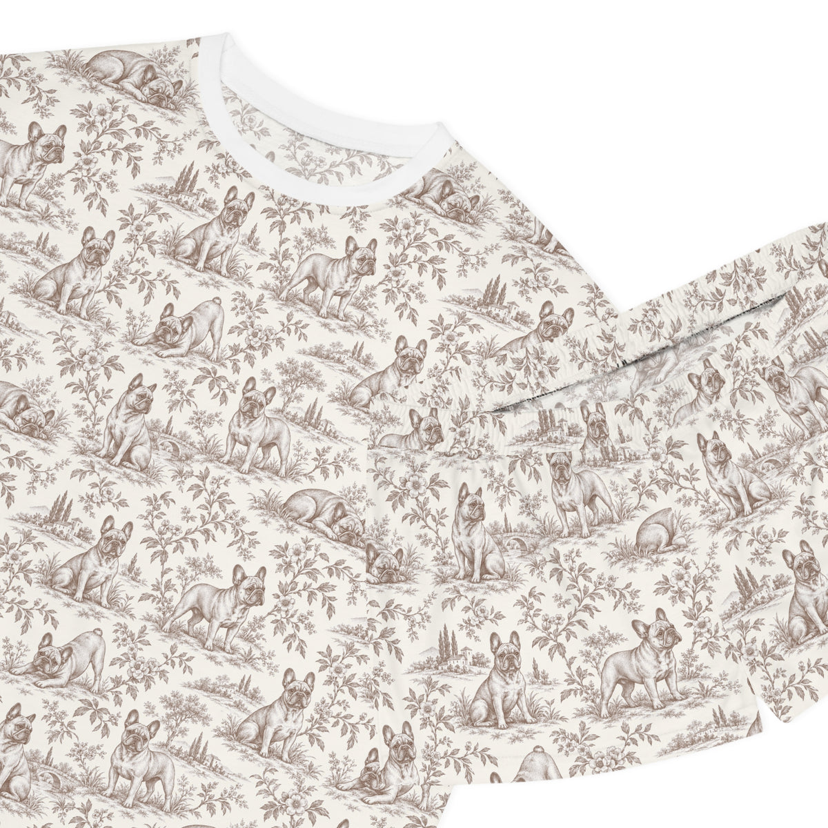Brown Toile Frenchie Short Pajama Set — Cute All-Over Frenchie Print Lounge Set