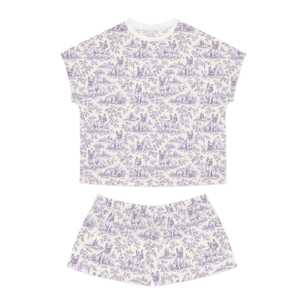 Purple Toile Frenchie Short Pajama Set — Cute All-Over Frenchie Print Lounge Set