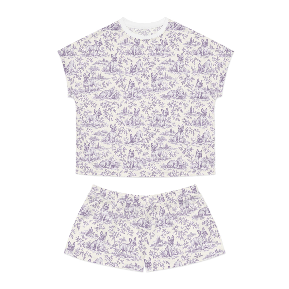 Purple Toile Frenchie Short Pajama Set — Cute All-Over Frenchie Print Lounge Set