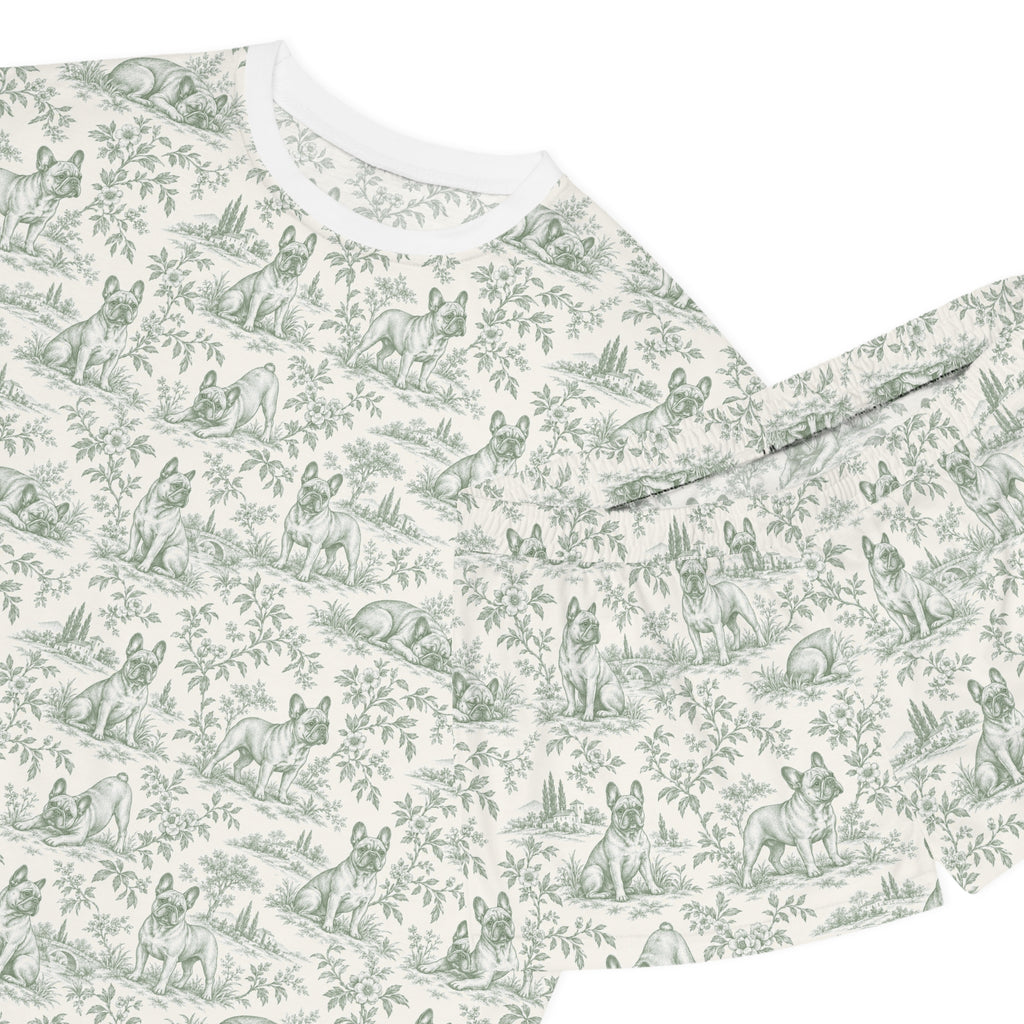 Sage Green Toile Frenchie Short Pajama Set — Cute All-Over Frenchie Print Lounge Set
