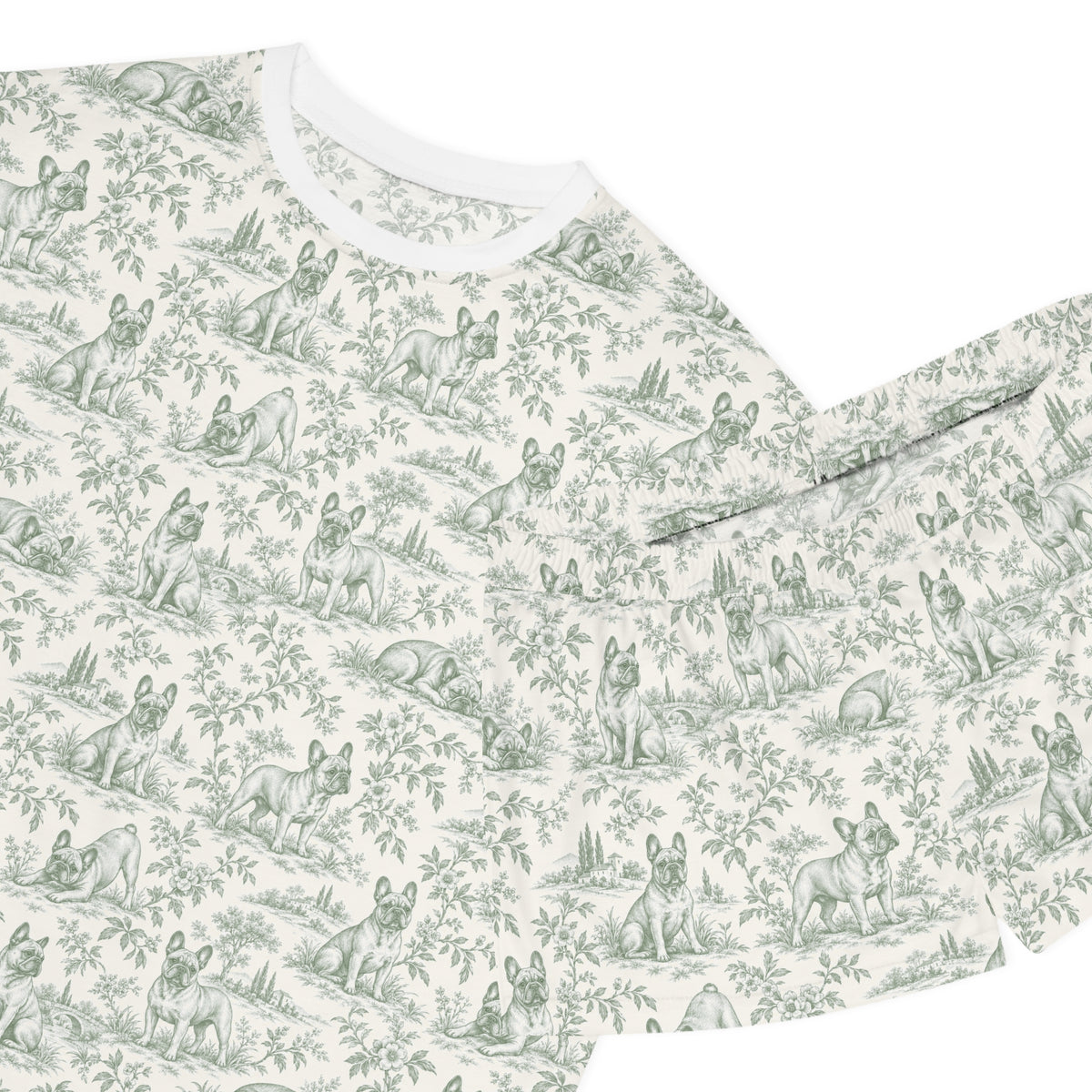 Sage Green Toile Frenchie Short Pajama Set — Cute All-Over Frenchie Print Lounge Set