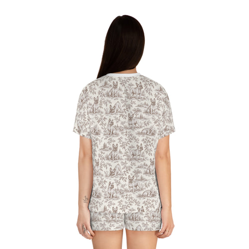 Brown Toile Frenchie Short Pajama Set — Cute All-Over Frenchie Print Lounge Set