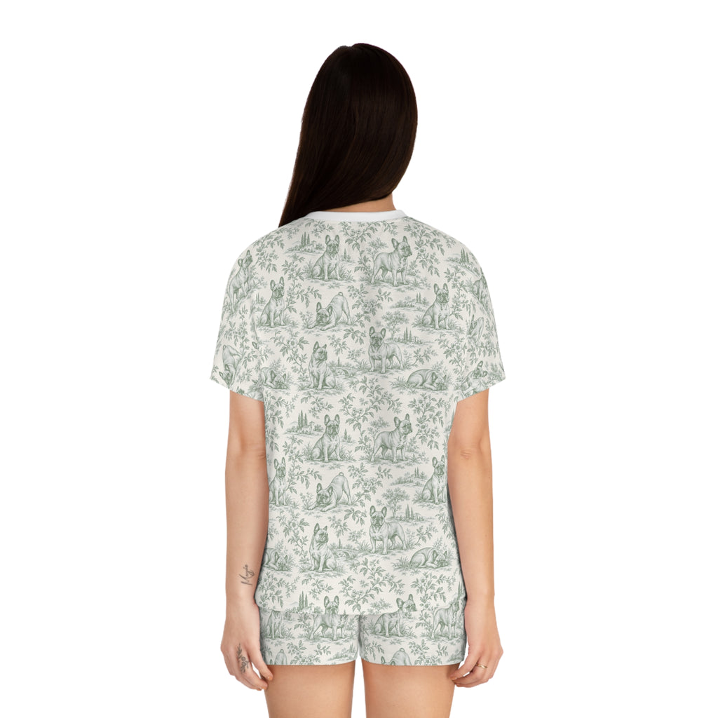 Sage Green Toile Frenchie Short Pajama Set — Cute All-Over Frenchie Print Lounge Set