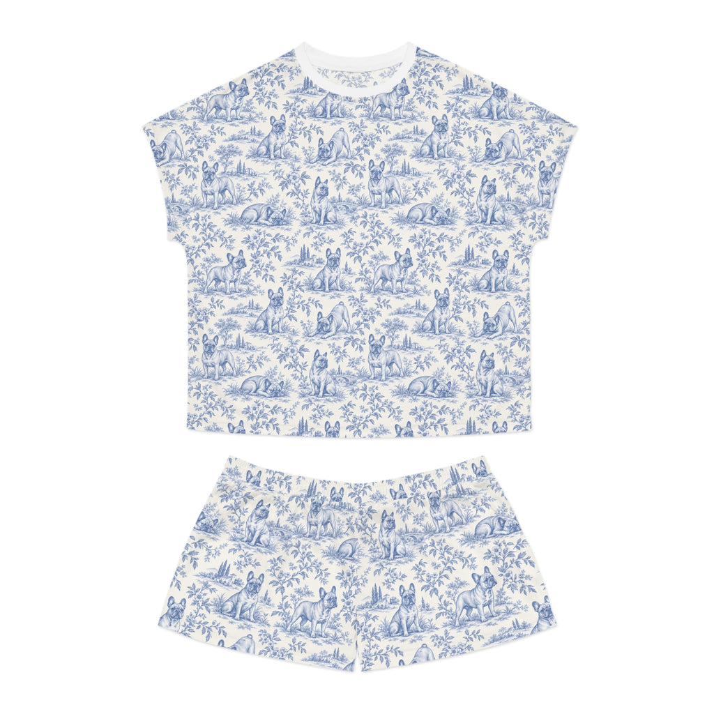 Blue Toile Frenchie Short Pajama Set — Cute All-Over Frenchie Print Lounge Set
