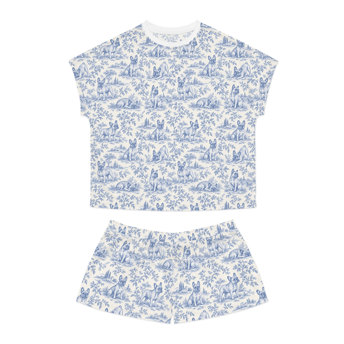 Blue Toile Frenchie Short Pajama Set — Cute All-Over Frenchie Print Lounge Set