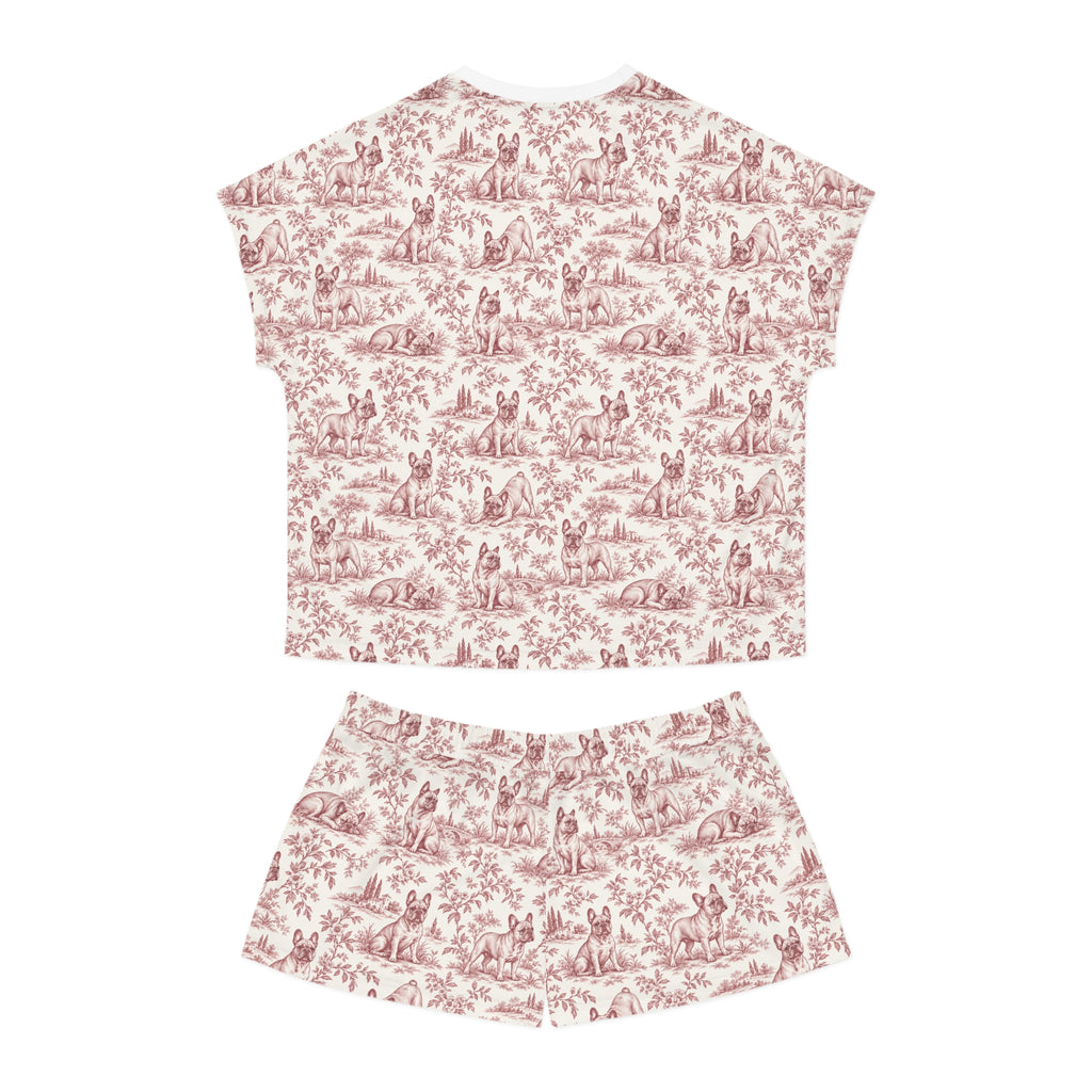 Pink Toile Frenchie Short Pajama Set — Cute All-Over Frenchie Print Lounge Set