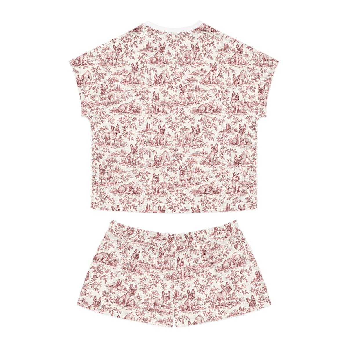 Pink Toile Frenchie Short Pajama Set — Cute All-Over Frenchie Print Lounge Set