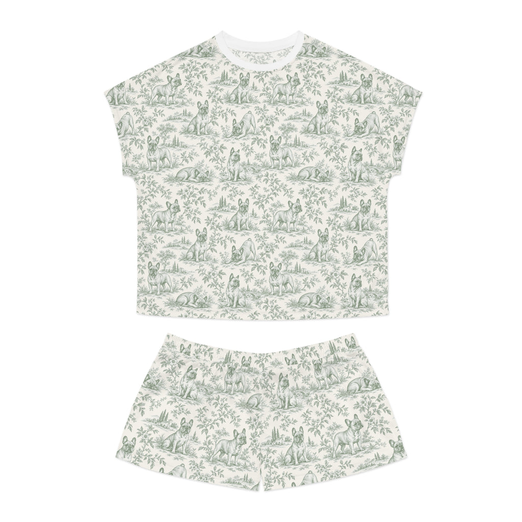 Sage Green Toile Frenchie Short Pajama Set — Cute All-Over Frenchie Print Lounge Set