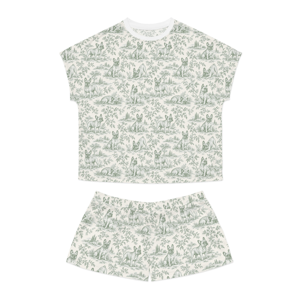 Sage Green Toile Frenchie Short Pajama Set — Cute All-Over Frenchie Print Lounge Set