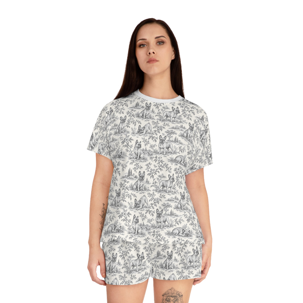 Black Toile Frenchie Short Pajama Set — Cute All-Over Frenchie Print Lounge Set