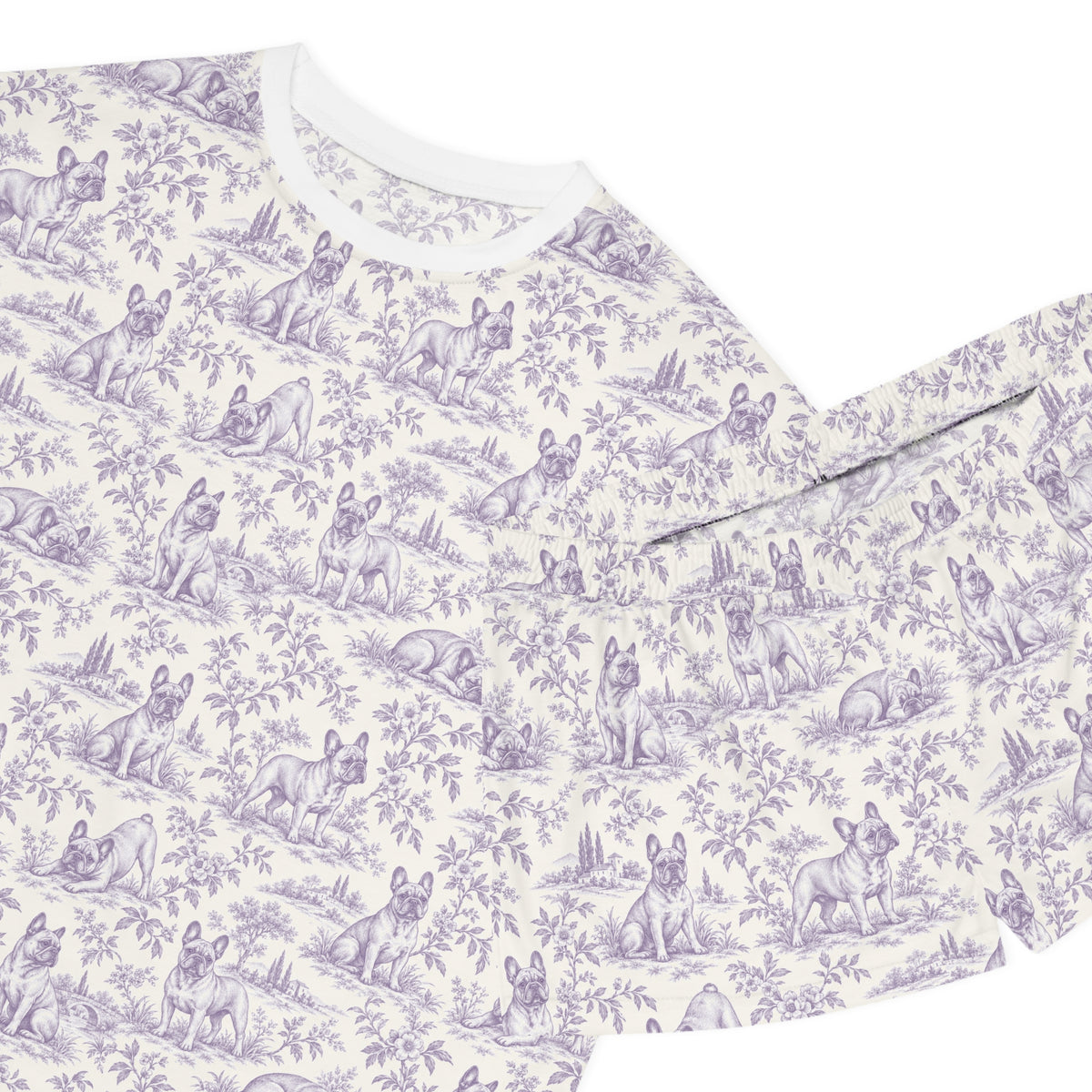 Purple Toile Frenchie Short Pajama Set — Cute All-Over Frenchie Print Lounge Set