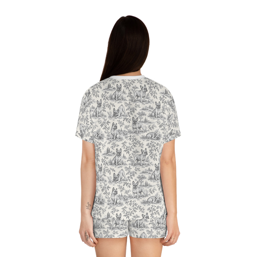Black Toile Frenchie Short Pajama Set — Cute All-Over Frenchie Print Lounge Set