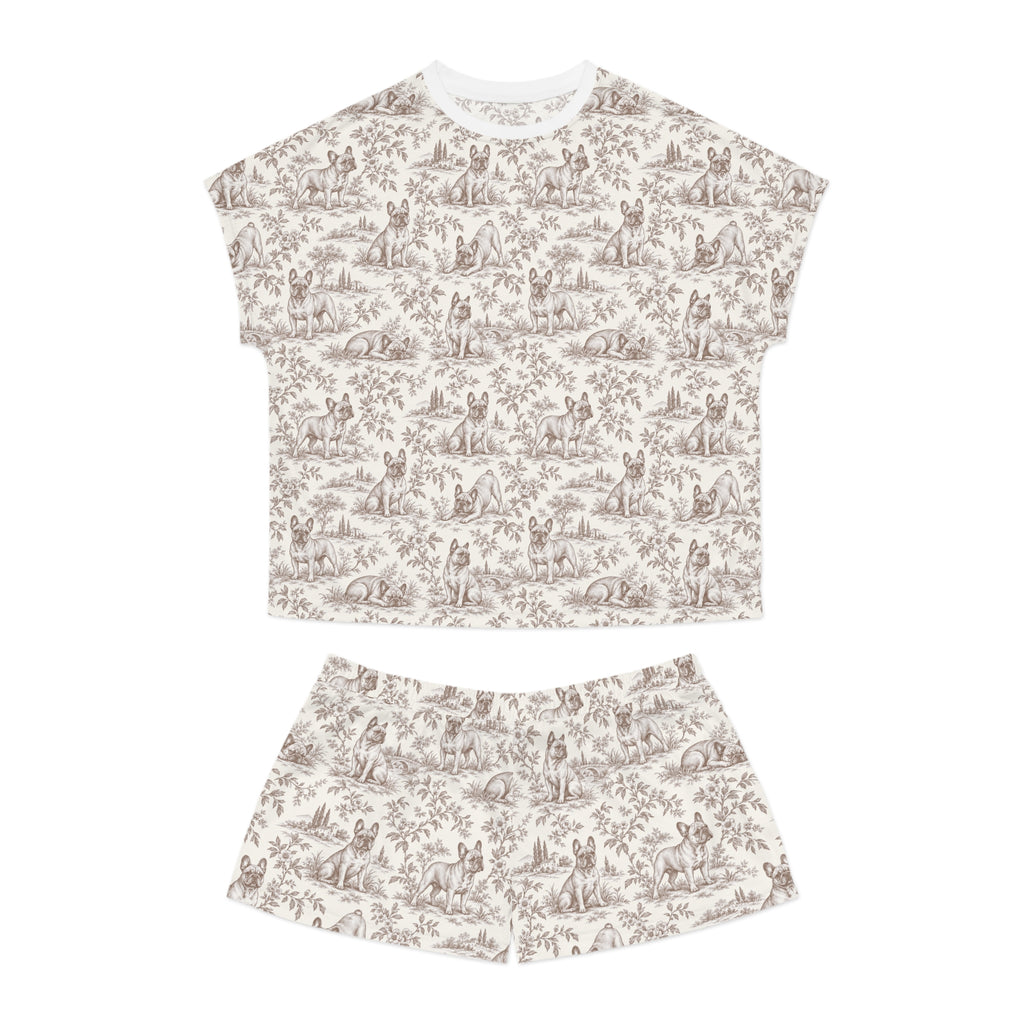 Brown Toile Frenchie Short Pajama Set — Cute All-Over Frenchie Print Lounge Set