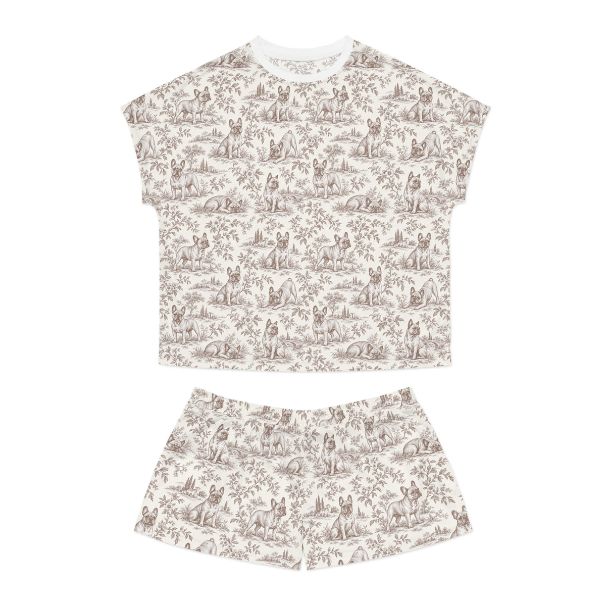Brown Toile Frenchie Short Pajama Set — Cute All-Over Frenchie Print Lounge Set
