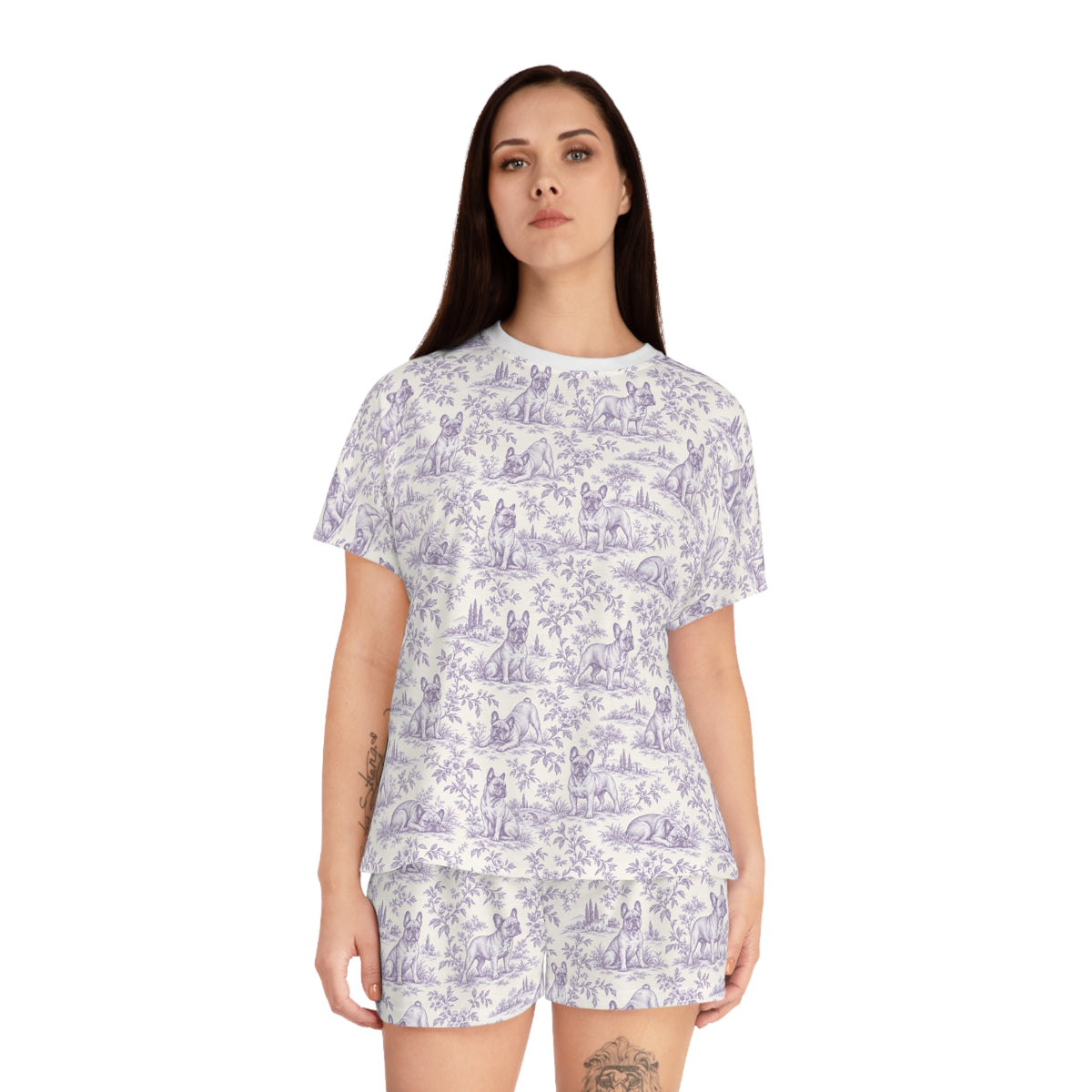 Purple Toile Frenchie Short Pajama Set — Cute All-Over Frenchie Print Lounge Set