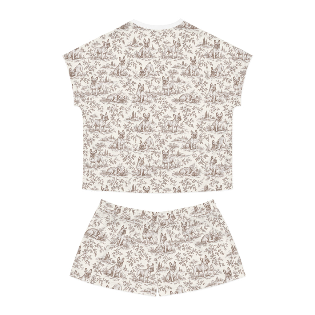 Brown Toile Frenchie Short Pajama Set — Cute All-Over Frenchie Print Lounge Set