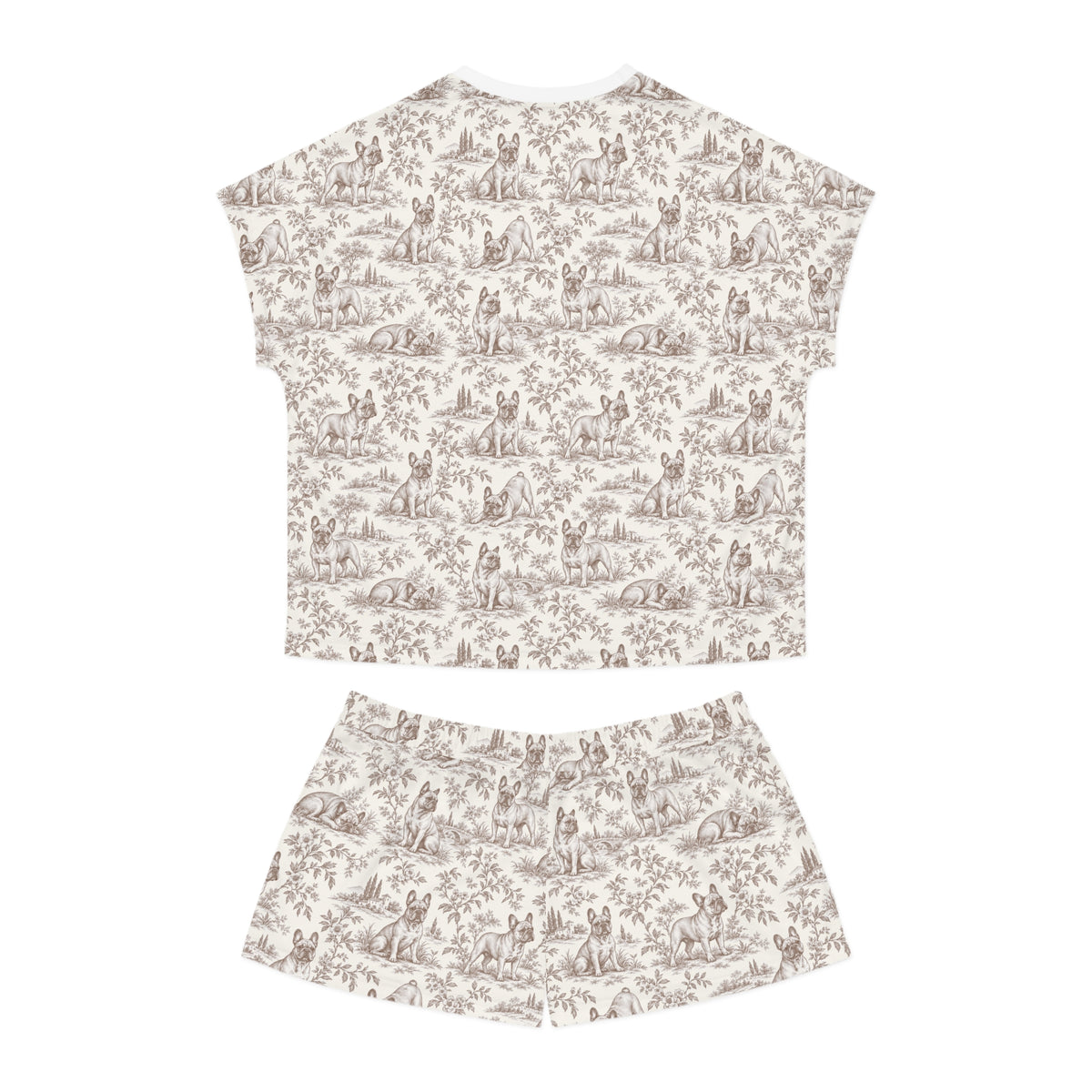 Brown Toile Frenchie Short Pajama Set — Cute All-Over Frenchie Print Lounge Set