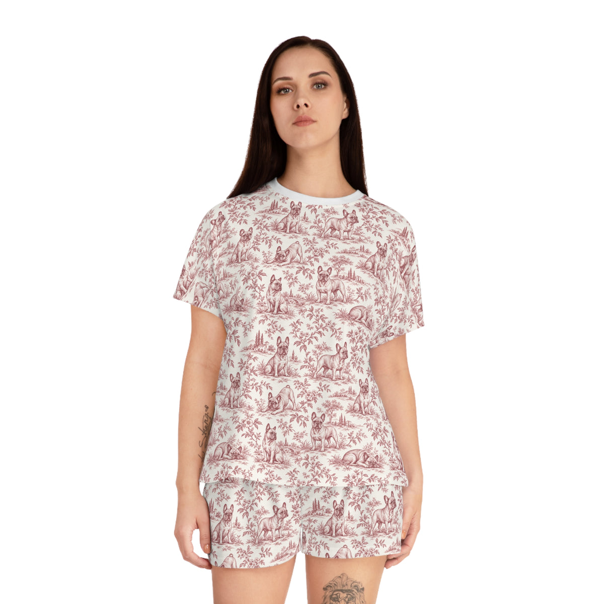Pink Toile Frenchie Short Pajama Set — Cute All-Over Frenchie Print Lounge Set