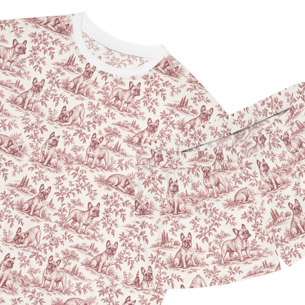 Pink Toile Frenchie Short Pajama Set — Cute All-Over Frenchie Print Lounge Set