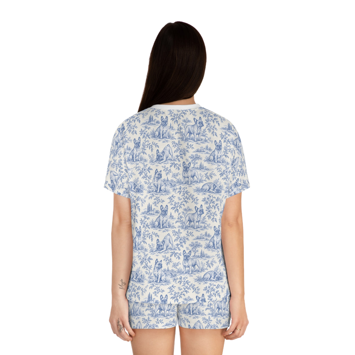 Blue Toile Frenchie Short Pajama Set — Cute All-Over Frenchie Print Lounge Set