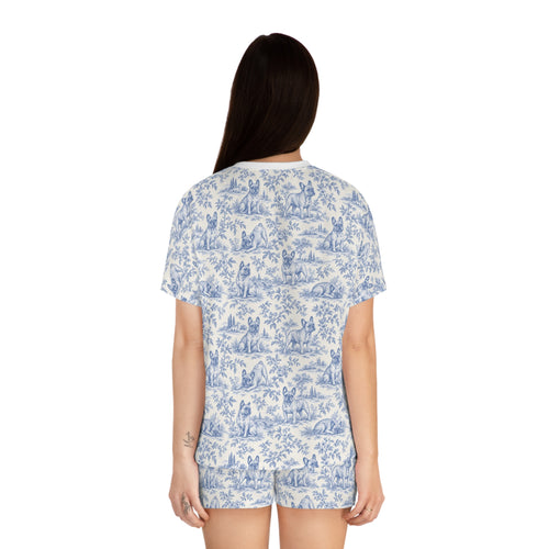 Blue Toile Frenchie Short Pajama Set — Cute All-Over Frenchie Print Lounge Set