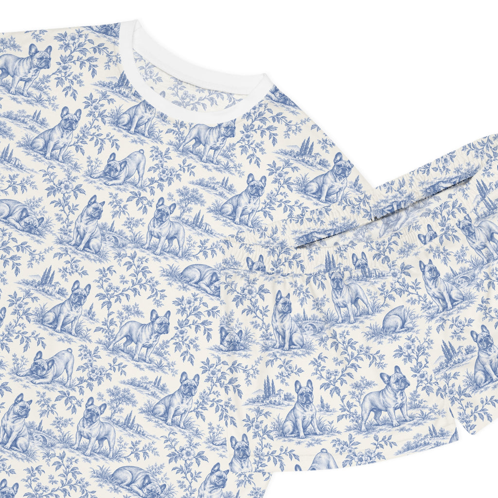 Blue Toile Frenchie Short Pajama Set — Cute All-Over Frenchie Print Lounge Set