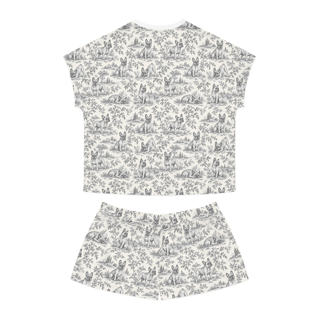 Black Toile Frenchie Short Pajama Set — Cute All-Over Frenchie Print Lounge Set