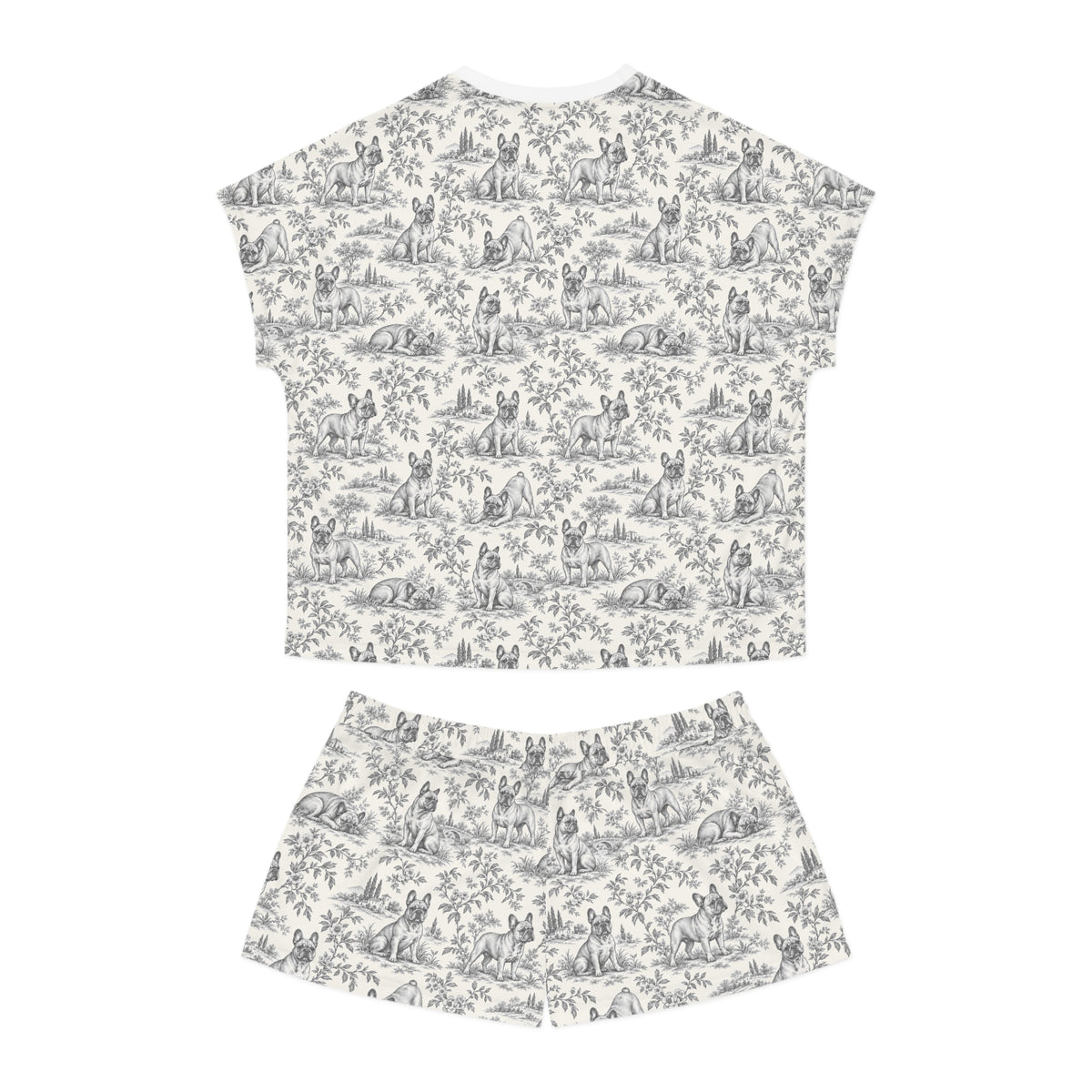 Black Toile Frenchie Short Pajama Set — Cute All-Over Frenchie Print Lounge Set