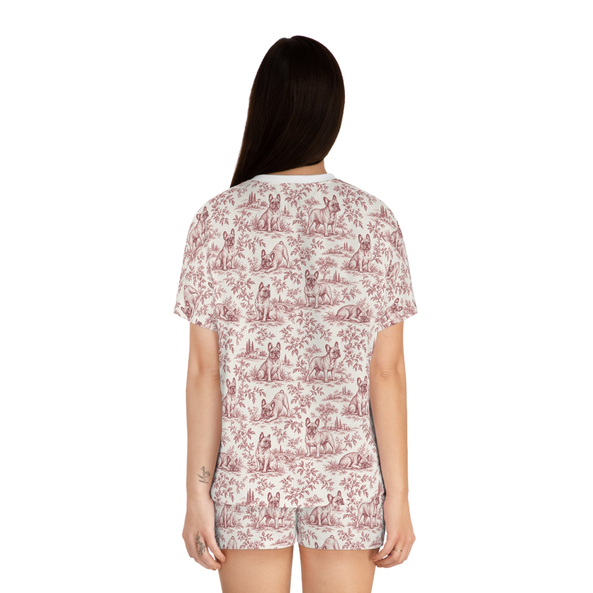 Pink Toile Frenchie Short Pajama Set — Cute All-Over Frenchie Print Lounge Set