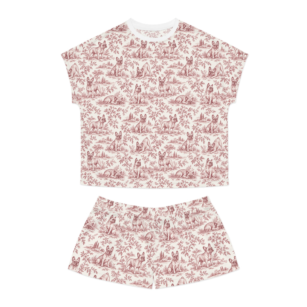 Pink Toile Frenchie Short Pajama Set — Cute All-Over Frenchie Print Lounge Set