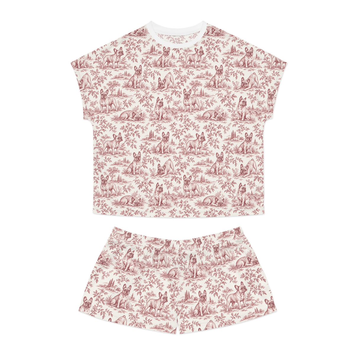 Pink Toile Frenchie Short Pajama Set — Cute All-Over Frenchie Print Lounge Set