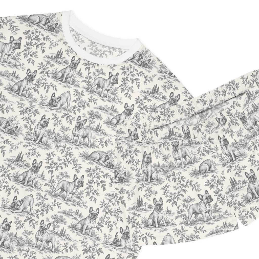 Black Toile Frenchie Short Pajama Set — Cute All-Over Frenchie Print Lounge Set