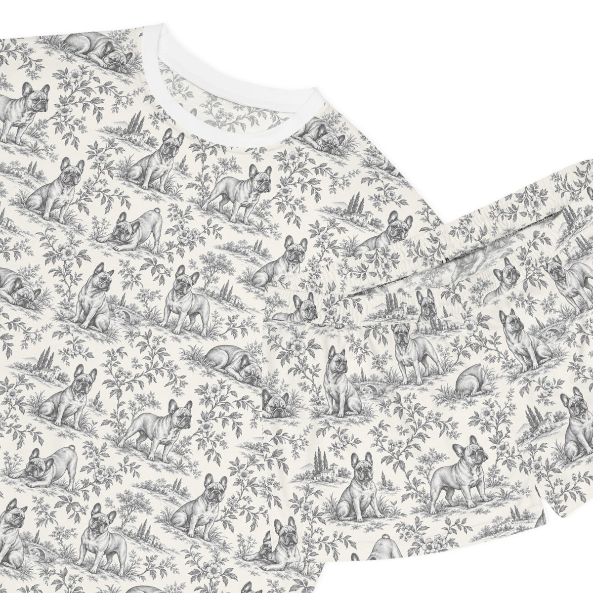 Black Toile Frenchie Short Pajama Set — Cute All-Over Frenchie Print Lounge Set
