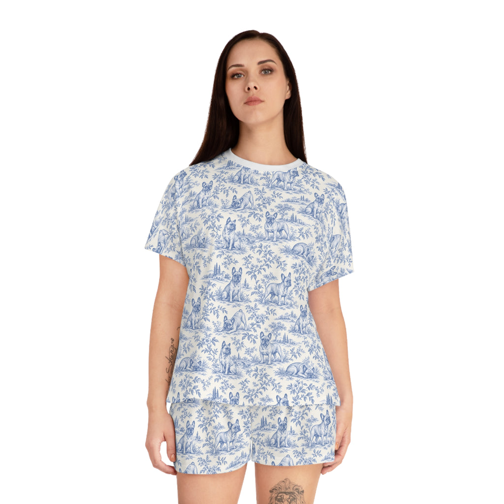 Blue Toile Frenchie Short Pajama Set — Cute All-Over Frenchie Print Lounge Set