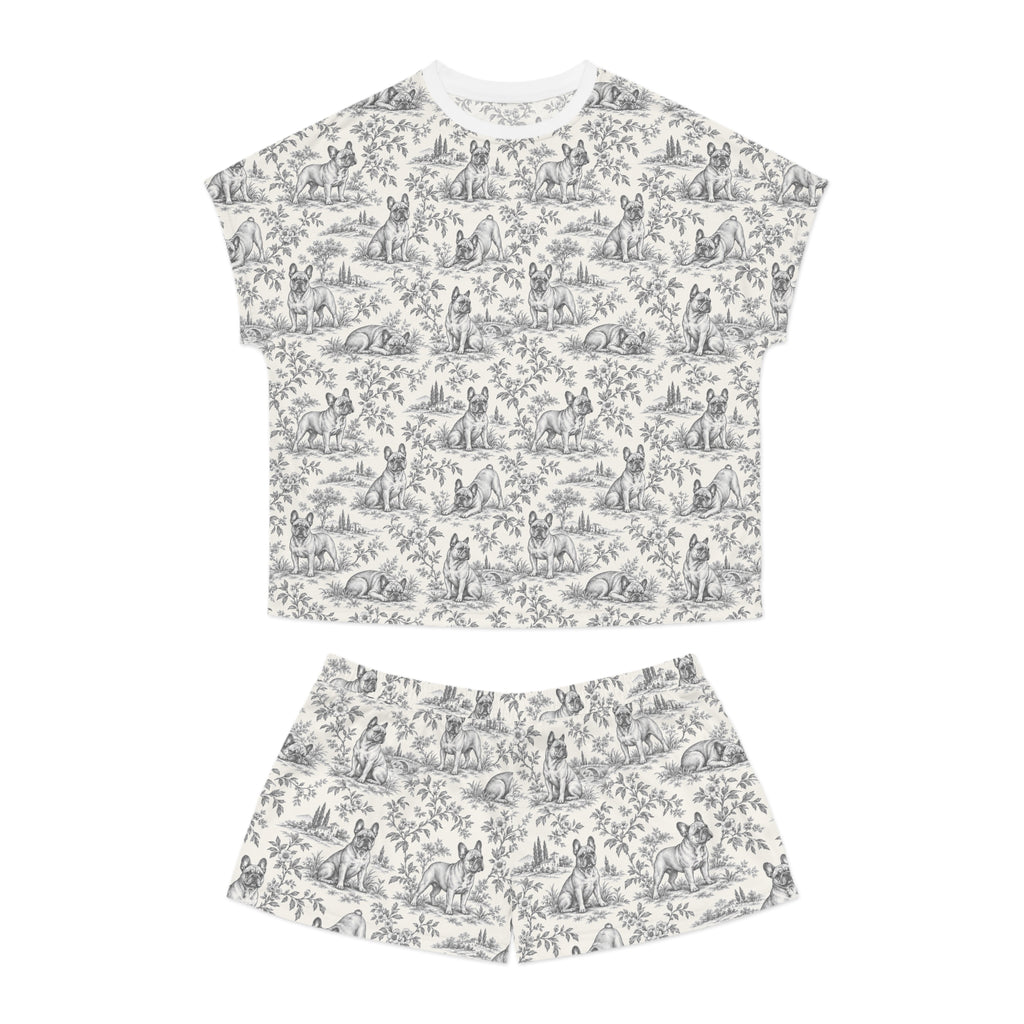 Black Toile Frenchie Short Pajama Set — Cute All-Over Frenchie Print Lounge Set