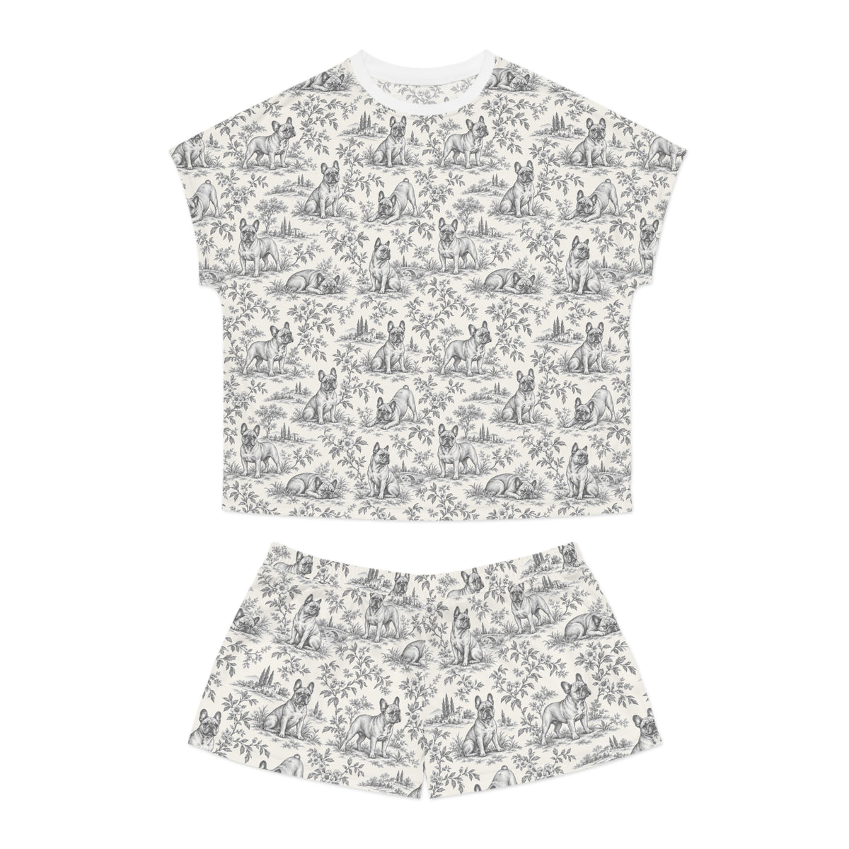 Black Toile Frenchie Short Pajama Set — Cute All-Over Frenchie Print Lounge Set