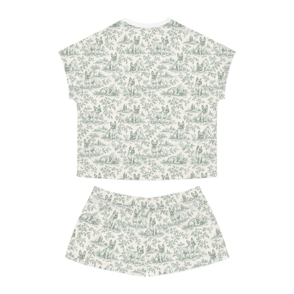 Sage Green Toile Frenchie Short Pajama Set — Cute All-Over Frenchie Print Lounge Set