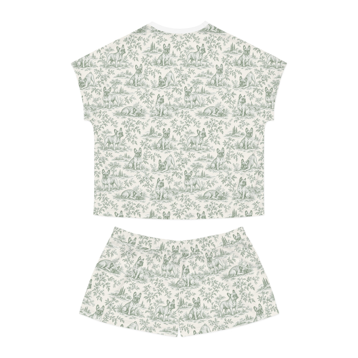 Sage Green Toile Frenchie Short Pajama Set — Cute All-Over Frenchie Print Lounge Set