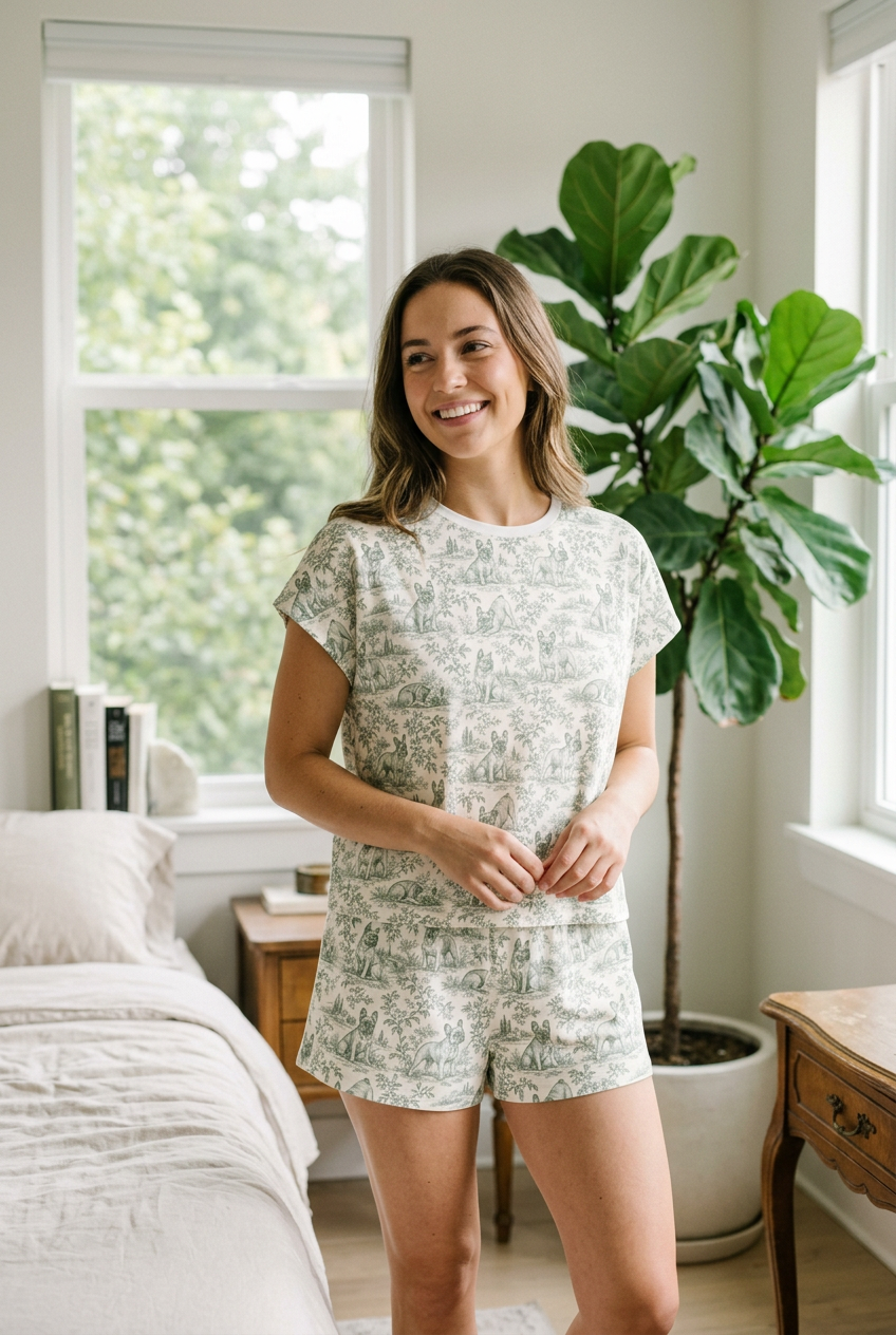 Sage Green Frenchie Toile Lifestyle